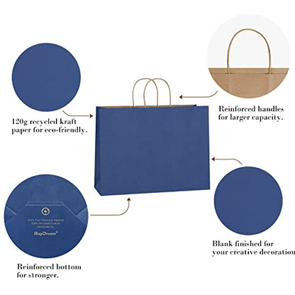 BagDream Kraft Paper Bags with Handles 16x6x12 Inch Large 50 Pack Bulk - color: Navy Blue