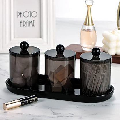 SheeChung 3 PCS Qtip Holder Bathroom Set with Tray, Acrylic Apothecary Jars - color: Black