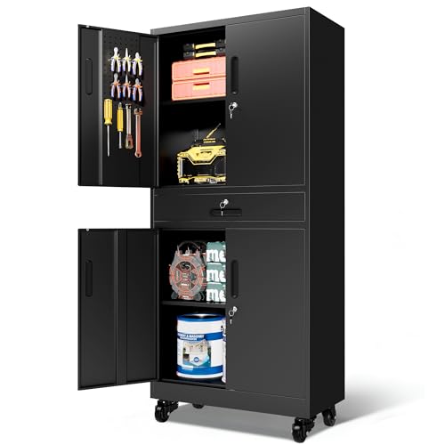 Metal Storage Cabinet for Garage, Tool Cabinet, Utility Cabinet - color: Black, size: L - 4 Doors & 1 Drawers (Wheeled)
