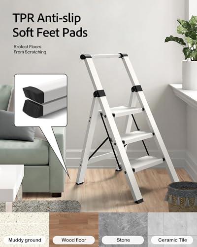 Taranta 3 Step Ladder,Lightweight Aluminum Step Stool Foldable -White - color: White, size: 3 Step