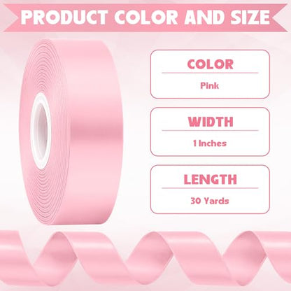 1 in 30 Yards Pink Satin Ribbon for Flower Bouquet Baby Shower Mother's Day - color: Pink, size: 1 inch
