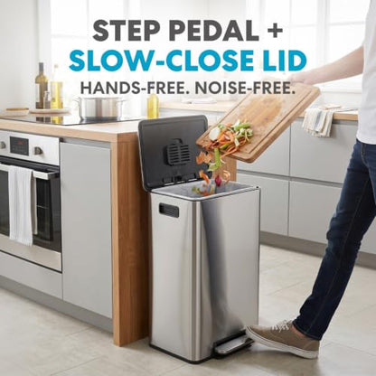 SIMPLI-MAGIC Infinity Edge 13 Gallon (50L) Kitchen Trash Can - Hands-Free Step Pedal, Soft-Close Lid, Stainless Steel Garbage Can with Inner Bucket, Fingerprint-Resistant Finish, Silver - color: Silver, size: 13 Gallon