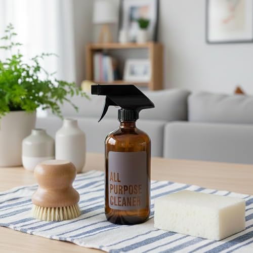 SAVVY & SORTED Amber Glass Spray Bottles for Cleaning, Refillable Amber Spray Bottle with Label, Glass Cleaning Bottles with Adjustable Nozzle, 17 Fl Oz / 500 ml