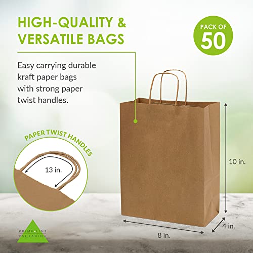 Prime Line Packaging Kraft Shopping Bags with Handles, 8x4x10 Inch, 50 Pack - size: 8x4x10 Inch