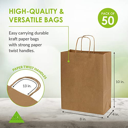 Prime Line Packaging Kraft Shopping Bags with Handles, 8x4x10 Inch, 50 Pack - size: 8x4x10 Inch