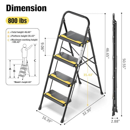 Urackify 4 Step Ladder, Heavy-Duty Pass 800lb Capacity Test, Wide Anti-Slip Steps & Secure Handrail Compact, Folding Step Stool Portable Design for Home, Kitchen, Office, Pantry, Closet Use, Black - size: 4-step