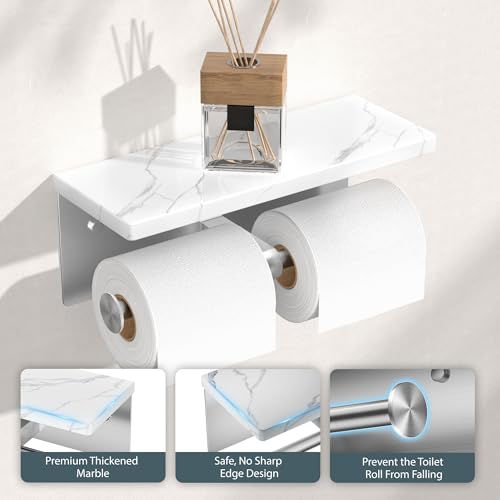 FORIOUS Double Marble Toilet Paper Holder with Phone Shelf, Commercial - color: Brushed Nickel, size: Double Roll