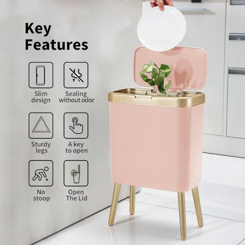 Procade Bathroom Trash Can with Lid,4 Gallon Gold and Pink Garbage Can,Slim - color: Pink