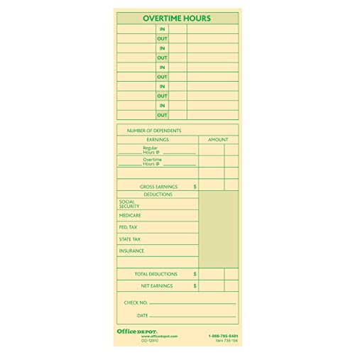 Office Depot Time Cards With Deductions, Weekly, Monday-Sunday Format, 2-Sided, 3 3/8in x 8 7/8in, Manila, pk Of 100, GB-735104