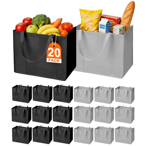 HECTOLIFE 20-Pack Reusable Grocery Bags，Large Washable Foldable Shopping Bags，Heavy Duty Tote Bags with Reinforced Handles - color: Black Grey（20pack）