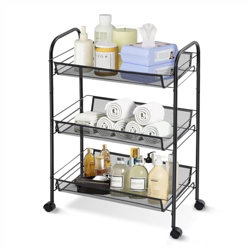 3 Tier Metal Rolling Storage Cart Movable, with Wheels, Black - color: Black