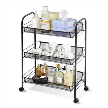 3 Tier Metal Rolling Storage Cart Movable, with Wheels, Black - color: Black