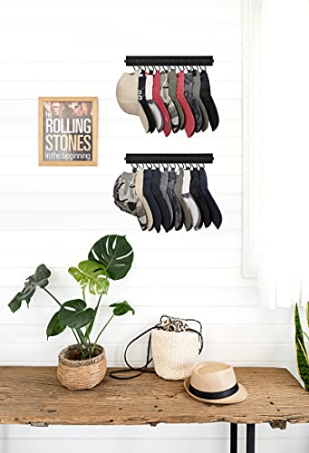 Mkono Hat Rack for Wall Wooden Baseball Caps Organizer with 20 Hooks Rustic Cowboy Hat Hanger Wall Mounted Caps Display Rack for Closet Bedroom Entryway, Set of 2, Black - color: Black