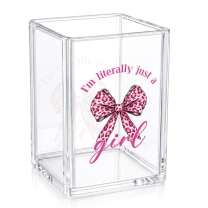 Pink Leopard Print Acrylic Pen Holder I'm Literally Just A Girl Sign - color: Pink