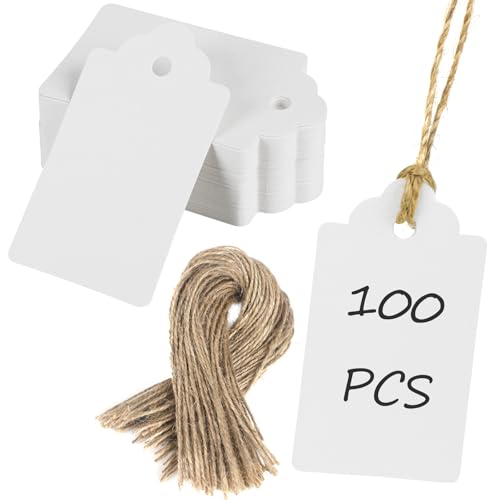 Uniclife 100 Pcs White Paper Tags with String Writable Cardstock Price Tags with Jute Twine Hang Tag for DIY Crafts Clothing Christmas Wedding Birthday Blank Merchandise Marking Tag, 2 3/4" x 1 1/2" - color: White