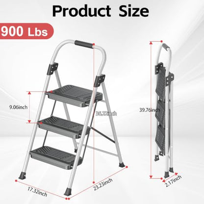 3 Step Ladder, Folding Step Stool with Anti-Slip Wide Pedal, Soft Handle, Anti-Slip Feet, Sturdiest Steel Construction, 900lbs Capacity Steel Ladder for Home and Office - color: Gray Dark, size: 3 Step