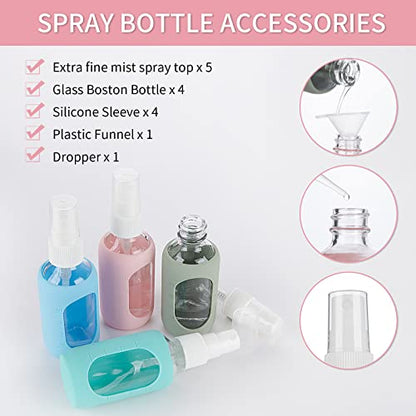 HOMBYS Empty Clear Glass 2oz Small Spray Bottles with Silicone Sleeve Protection - Refillable Containers for Travel, Cleaning Solutions, Essential Oils, Sanitizers - Fine Mist Spray - 4 Pack-Clear - color: Green,Blue,Pink,Army Green