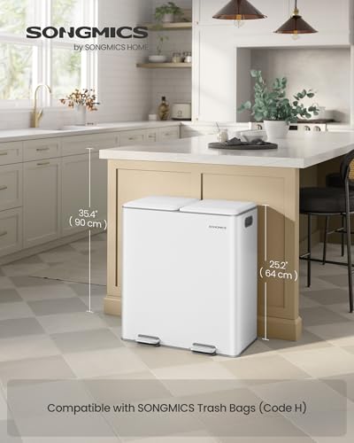 SONGMICS Trash Can, 2 x 8 Gallon, Soft-Close Lids, Stainless Steel - color: White, size: 2 x 8 Gal. (Old)