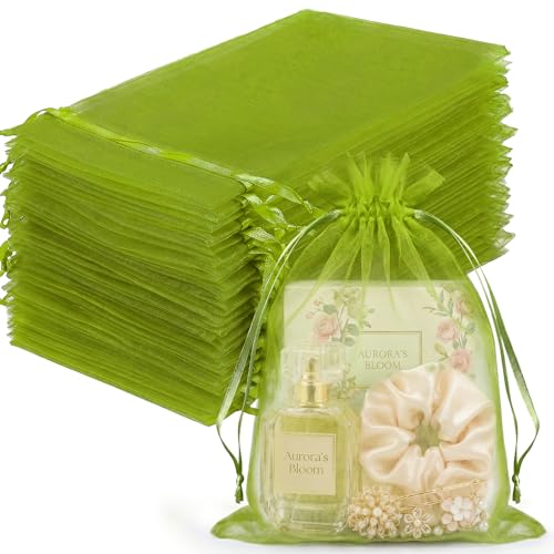 FUNFERY 100Pcs Green Organza Bags 5x7 in,Small Mesh Drawstring Gift Bag - color: Classic Green