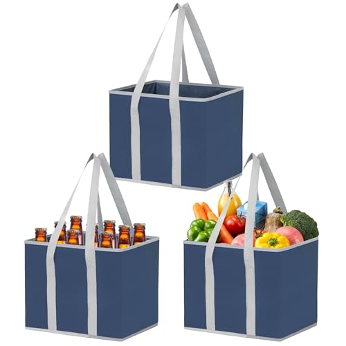 VENO 3 Pack Reusable Grocery Shopping Bags Utility Tote w/Sturdy Handles - color: Dark Blue, size: 3 Pack - 6 Gallon