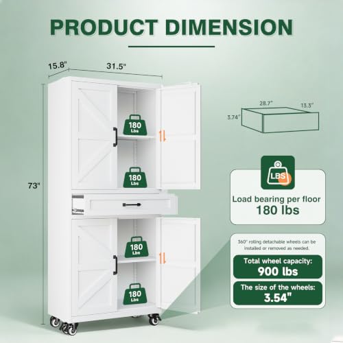 Letaya Metal Garage Storage Cabinets with Wheels,White Rolling Tool Cabinet - color: White, size: 15.7” D x 32” W x 73” H