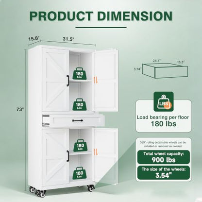 Letaya Metal Garage Storage Cabinets with Wheels,White Rolling Tool Cabinet - color: White, size: 15.7” D x 32” W x 73” H