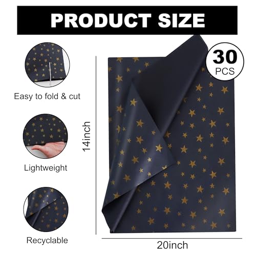 BEISHIDA Black and Gold Star Tissue Paper Bulk,Wrapping Tissue Paper for Gift Bags, 14 x 20 Inch Gift Wrap for Christmas Birthday Wedding Graduation DIY Crafts Holiday Flowers-30 Sheets - color: 30-bg