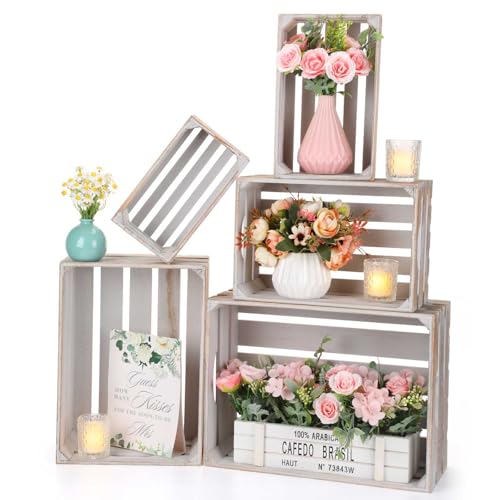 Soaoo 5 Pcs Decorative Nesting Wooden Crates with Handle, Vintage Gray - color: Vintage Gray