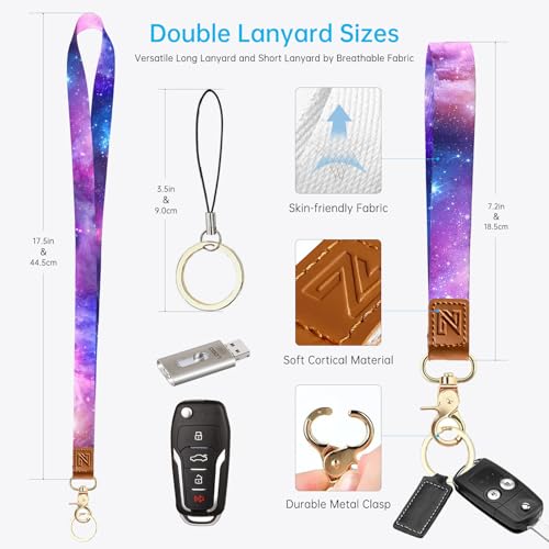 2-in-1 ID Badge Holder & Lanyard Wallet，Cute Zippered Pouch Starry Sky - color: Purple Starry Sky