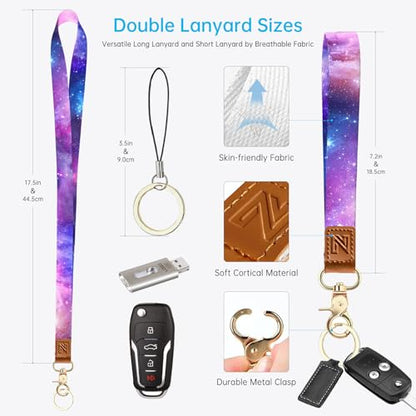 2-in-1 ID Badge Holder & Lanyard Wallet，Cute Zippered Pouch Starry Sky - color: Purple Starry Sky