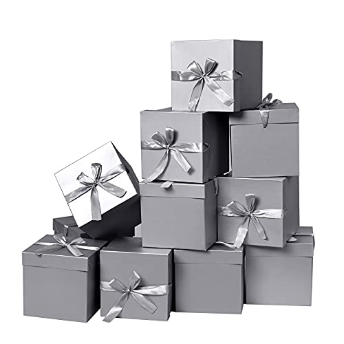 Gift Box with Lid & Ribbon for present, 12pcs, Silver, 4"×4"×4" - color: Silver, size: 4 x 4 x 4 Inch
