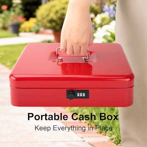 Jssmst Metal Cash Box with Money Tray and Lock, Portable Cash Drawer, 11.8" - color: Red Code-A