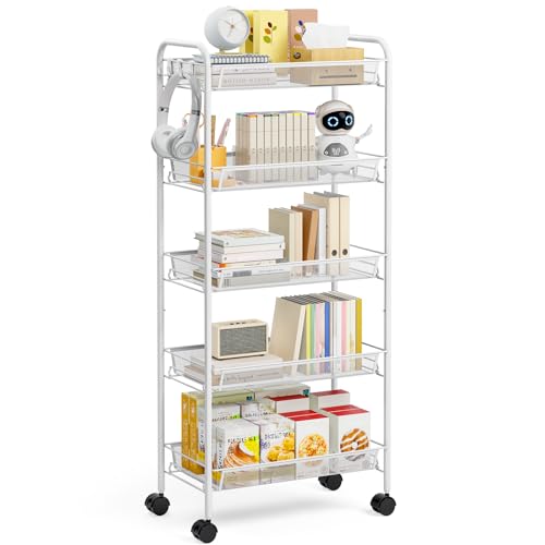 TOOLF 5 Tier Rolling Cart, Metal Utility Storage Cart with Wheels, White - color: White, size: 5-Tier