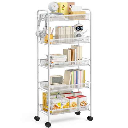 TOOLF 5 Tier Rolling Cart, Metal Utility Storage Cart with Wheels, White - color: White, size: 5-Tier