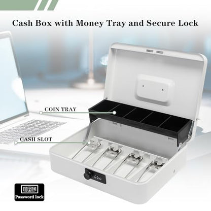Cash Box with Combination Lock, Metal Money Box with Money Tray, Petty Cash Lock Box for Garage Sale, Yard Sale, Small Business, 11.8" x 9.4" x 3.5" (White Combination)