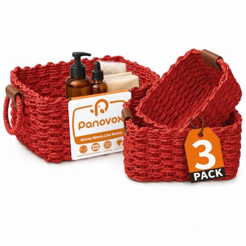 Small Wicker Baskets, 3 PCS Paper Rope Baskets for Shelves, Red - color: Red