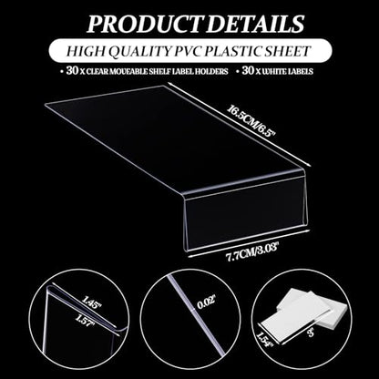 Containlol 30 Pcs PVC Shelf Label Holders with Insert Card, 6.5x3x1.6'' - size: 6.5x3x1.6''