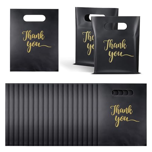 100 Pcs 5.7✕7.6 Inch Small Thank You Bags Black Thank You Bags Plastic Shopping Bag with Handles for Small Business Retail Boutique Gifts Stores(Black)