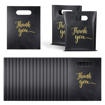 100 Pcs 5.7✕7.6 Inch Small Thank You Bags Black Thank You Bags Plastic Shopping Bag with Handles for Small Business Retail Boutique Gifts Stores(Black)