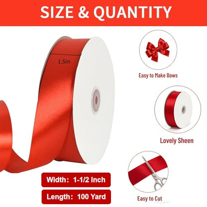 TONIFUL 100 Yard Red Satin Ribbon 1-1/2 Inch for Christmas Gift Wrapping - color: Red, size: 1-1/2 in x 100 yds