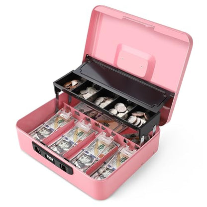 Jssmst Metal Cash Box with Money Tray and Lock, Portable Cash Drawer, 11.8" - color: Pink Code-B