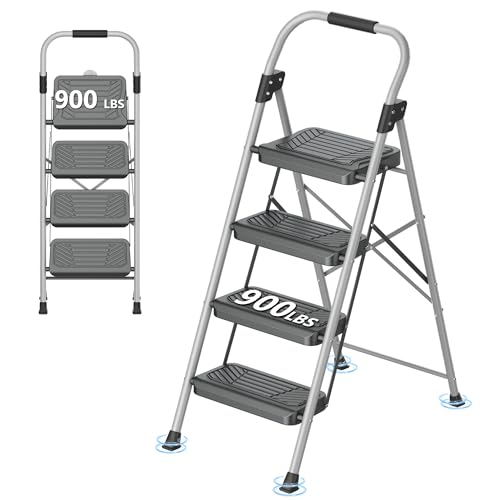 DIAMONDFORGE 4 Step Ladder, Folding Step Stool with Anti-Slip Wide Pedal, Soft Handle, Anti-Slip Feet, Sturdiest Steel Construction, 900lbs Capacity Steel Ladder for Home and Office, GrayBlack - color: Grayblack, size: 4 Step