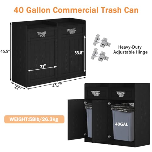 Double 40 Gallon Restaurant Trash Can Cabinet, Wooden Commercial Trash Cans and Garbage Receptacle with Tray Holder, Large Trash Cabinet for Restaurant, Kitchen, Office, Black (Black, Double) - color: Black-a, size: Full