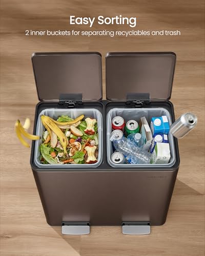 SONGMICS Trash Can, 2 x 8 Gallon (2 x 30 L) Double Compartment - color: Brown, size: 2 x 8 Gal.