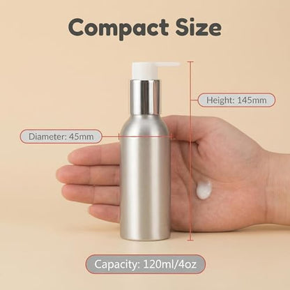 2 Pcs 120ml 4oz Aluminum Lotion Pump Bottle Soap Dispenser with White Pump Cream Pump Bottle Cosmetic Container Toiletries Bottle Vial Jar for Liquid Hand Soap Shampoo Essential Oil(Silver)