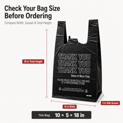 Black Thank You T-Shirt Bags, 10 x 5 x 18 in, 14 Micron, 1000 Count