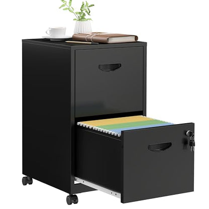 SteeLoong 2 Drawer File Cabinet,Metal Mobile File Cabinet with Lock Black - color: Black, style: 2 Drawer on Wheels