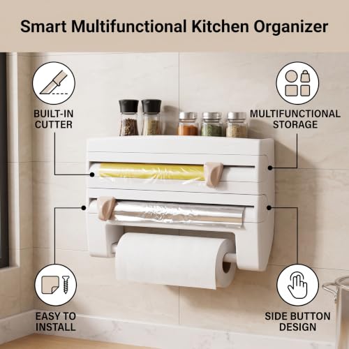 AUNMAS Plastic Wrap Dispenser Wall Mounted Paper Towel Holder with Side Button Inside Cutter No Drill Easy Installation Multifunctional Storage for Kitchen Cling Film Aluminum Foil Garbage Bags