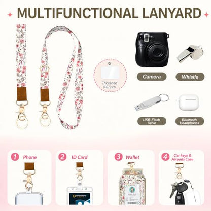 RFID Blocking Lanyard Wallet with Lightweight Card Holder, ID Badge Holder - color: Pink Wildflower