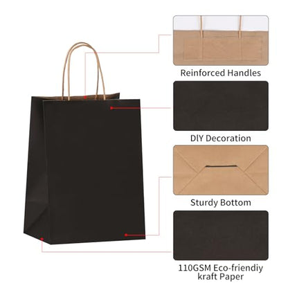 Joybe 100 Pack 8x4.75x10 Inch Medium Black Kraft Paper Bags with Handles Bulk, Craft Paper Gift Bags for Party Favors Grocery Retail Shopping Business Goody Merchandise Take Out Blank Sacks (100pcs)